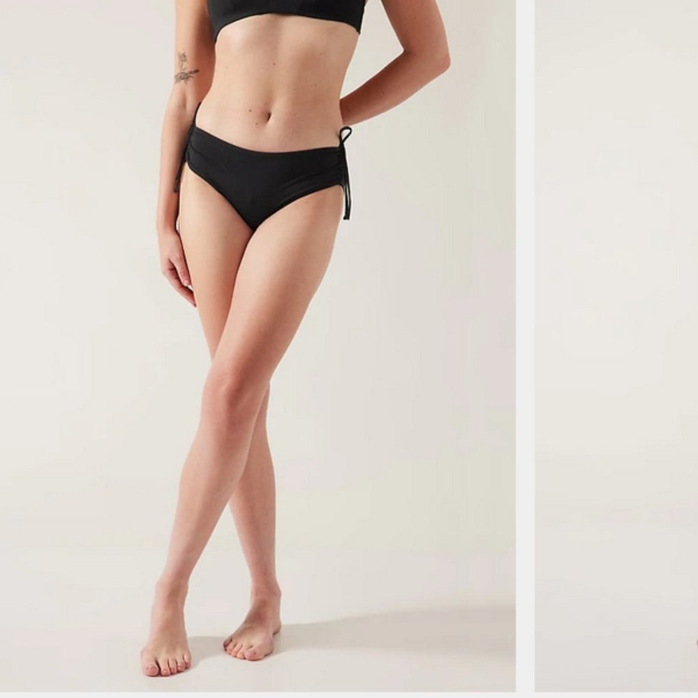 ATHLETA CINCH FULL BIKINI BOTTOM SWIM Black Medium FUll Coverage Tie Side NWT